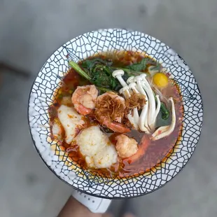 Mala Soup - with Veggie broth, shrimp, sliced fish, mushroom - comes with a quail egg  Follow @BZeaters on IG for more food recs!