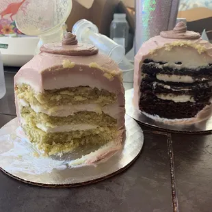 Dos leches with vanilla frosting and chocolate with vanilla frosting