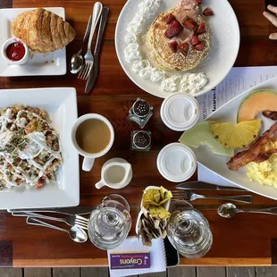 Wild Northwest Salmon Hash, Strawberry Cheesecake Pancakes and kids eggs and bacon.