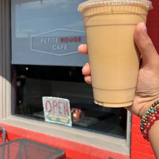 Large iced vanilla latte with oatmilk