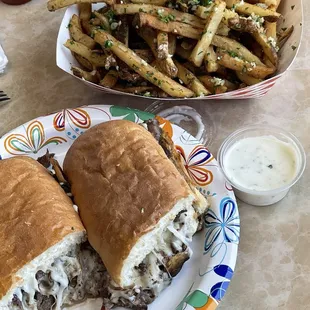 Garlic fries, Philly cheesesteak,