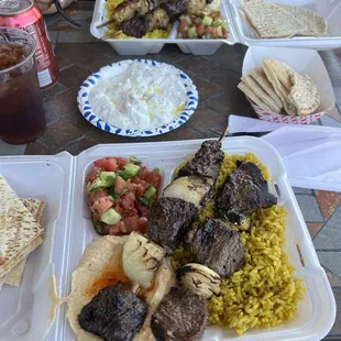 Far: Chicken &amp; beef kabob plate  Middle: Tzatziki  Near: Lamb &amp; beef kabob plate