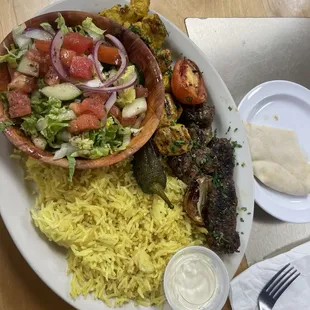 Mixed Grill Kabobs, basmati rice and house salad. Yummmm!!!