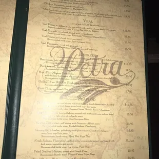Menu! I had the Petra pasta and it was soo good! Plenty sauce and FULL of crab, crawfish, and shrimp!