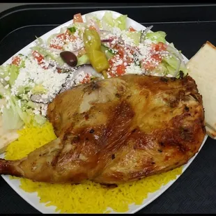 Greek chicken, half of a chicken. We marinate for 3 days with unique spices and grilled to perfection. YOU need to try it.