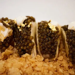 Caviar tacos (Potato shell, hamachi, Daurenkie caviar)