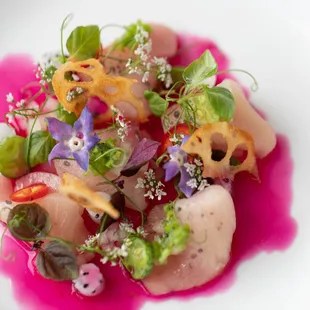 HAMACHI -  DRAGON FRUIT, CUCUMBER, PRICKLY PEAR VINAIGRETTE, FRESNO CHILI