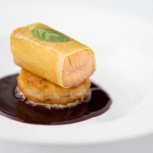 ARCTIC CHAR - BRAISED LEEKS, POTATO LATKE, PORT WINE SAUCE
