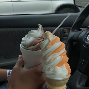 Swirl gelato with mango water ice and orange creamsicle soft serve