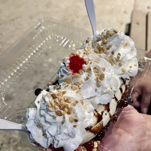 Banana Split with death by chocolate, strawberry, and butter pecan ice cream