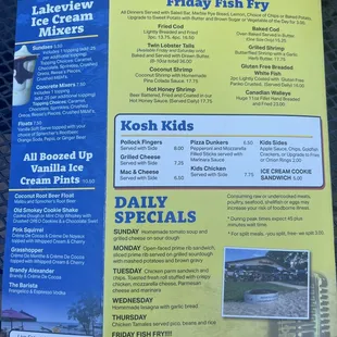 Menu - Ice cream fish fry and specials