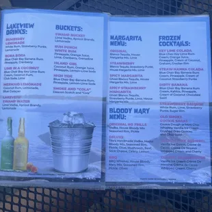 Specialty, buckets, margaritas and frozen cocktails menu