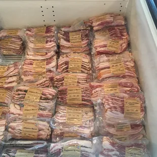 Come try our selection of delicious bacon: Original, Peppered, Apple Cinnamon, Maple and Jalapeño varieties!