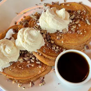 SWEET POTATO PANCAKES candied pecans, spiced maple syrup, orange blossom whipped cream