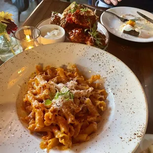 Spicy vodka pasta and chili chicken wings