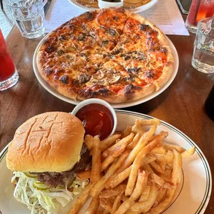 Brunch Spread: Smash Burger, Mushroom Pizza, Sweet Potato Pancakes