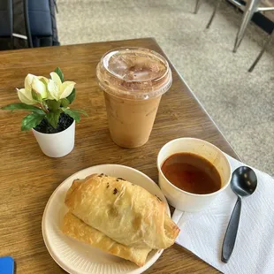 Quesabirria Croissant and an iced horchata with espresso