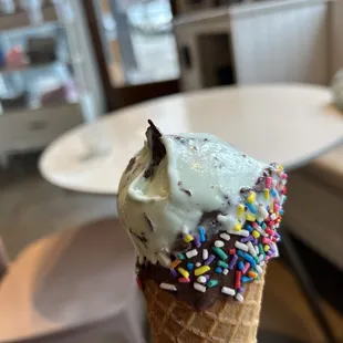 Mint chip ice cream with chocolate dipped waffle cone