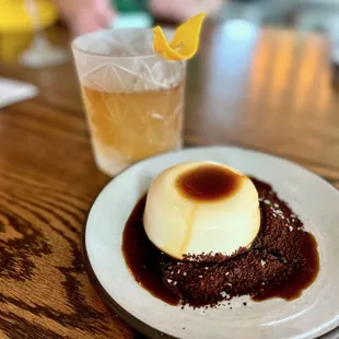 Eggless carajillo flan ($12) - eggless flan, topped with carajillo caramel made with Licor 43, over a bed of chocolate salt