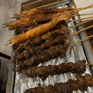 Shrimp, lamb and beef skewers