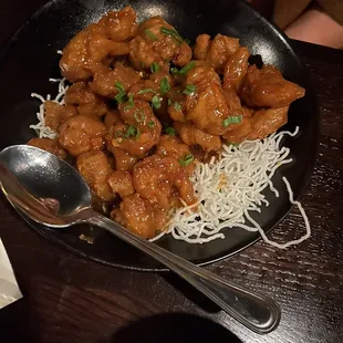  a plate of chicken and noodles
