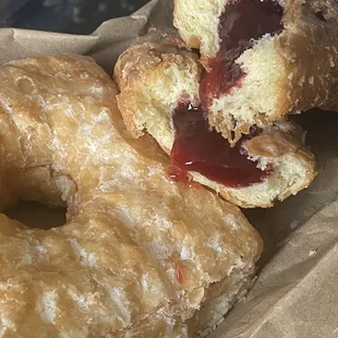 Croissant donut and raspberry jelly filled
