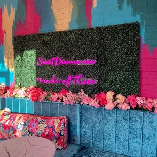 A cute, colorful area to sit and enjoy your sweets