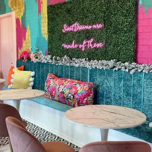 seating and neon sign