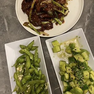 Mongolian Beef, Garlic Edamame, Cucumber Avocado Salad