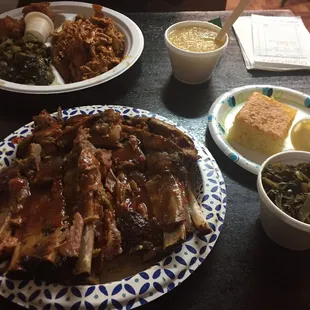 Pulled chicken, greens, applesauce, 1/2 rack ribs, fantastic huge portions!