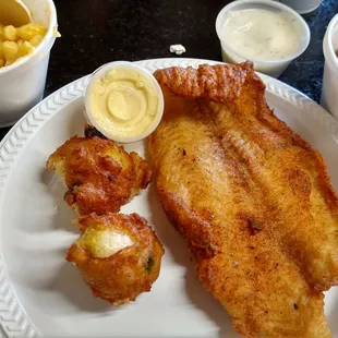 Oh so lightly fried trout, hush puppies, fried okra, mac and cheese.