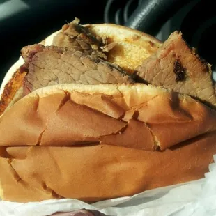 Sliced BBQ beef (brisket) sandwich.