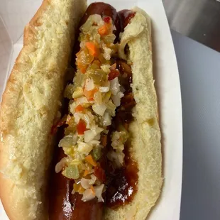 Angus beef hotdog with toppings!