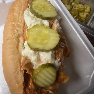 Pulled BBQ Chicken sandwich with coleslaw and pickles