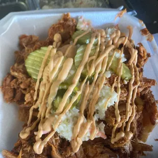 Pulled BBQ chicken with coleslaw and pickles