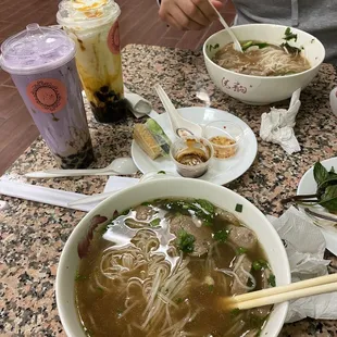 His: House Special Pho Mine: Pho with Only Meatballs   App: Veggie Spring Rolls   Boba Tea: Taro and Peach Mango Shakes
