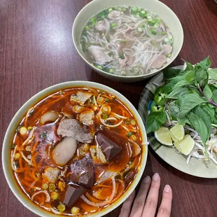 bun bo hue (bottom) and pho (top)