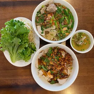 Hu tieu (top with soup with the noodles and bottom with soup on the side)