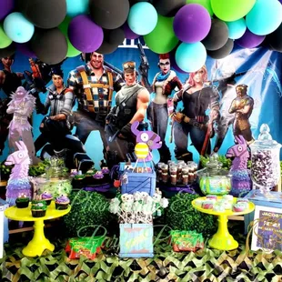 Fortnite themed dessert table and birthday decor