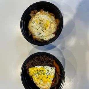 two bowls of food on a table