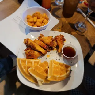 Chicken and Waffles with Sweet Chili Wings and hash browns