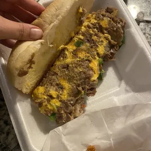 Cheese steak. Comes with cheese, peppers and onions.