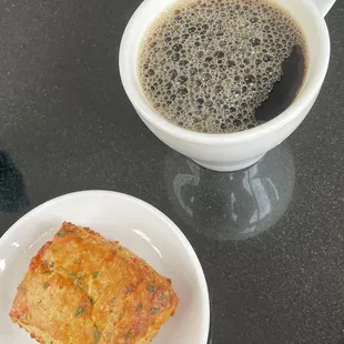 Great coffee and a tasty savory biscuit.
