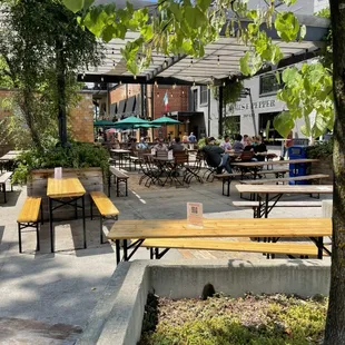 a patio with tables and benches