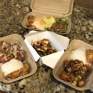 Bentos: Poke, Orange Chicken, Crispy Chicken. Lackluster overpriced takoyaki in the middle.