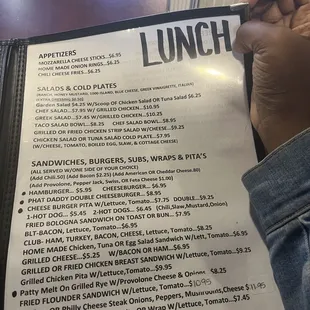 a menu for lunch