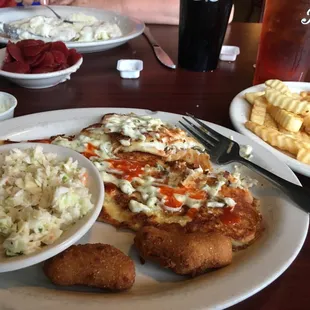 Grill flounder coleslaw hush puppies French fries