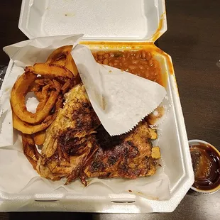 Rosemary Ribs, Onion Rings, Baked Beans