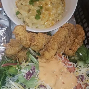 Catfish, garden salad, white cheddar mac &amp; cheese
