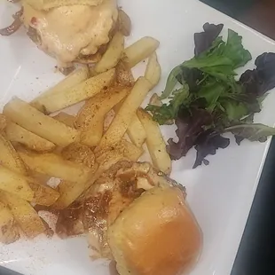Turkey burger sliders, with homemade pimento cheese spread &amp; fries